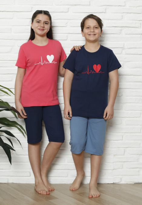 Pijama Copii cu maneca scurta si pantalon 3/4,culoare Coral si Bleumarin, Engros